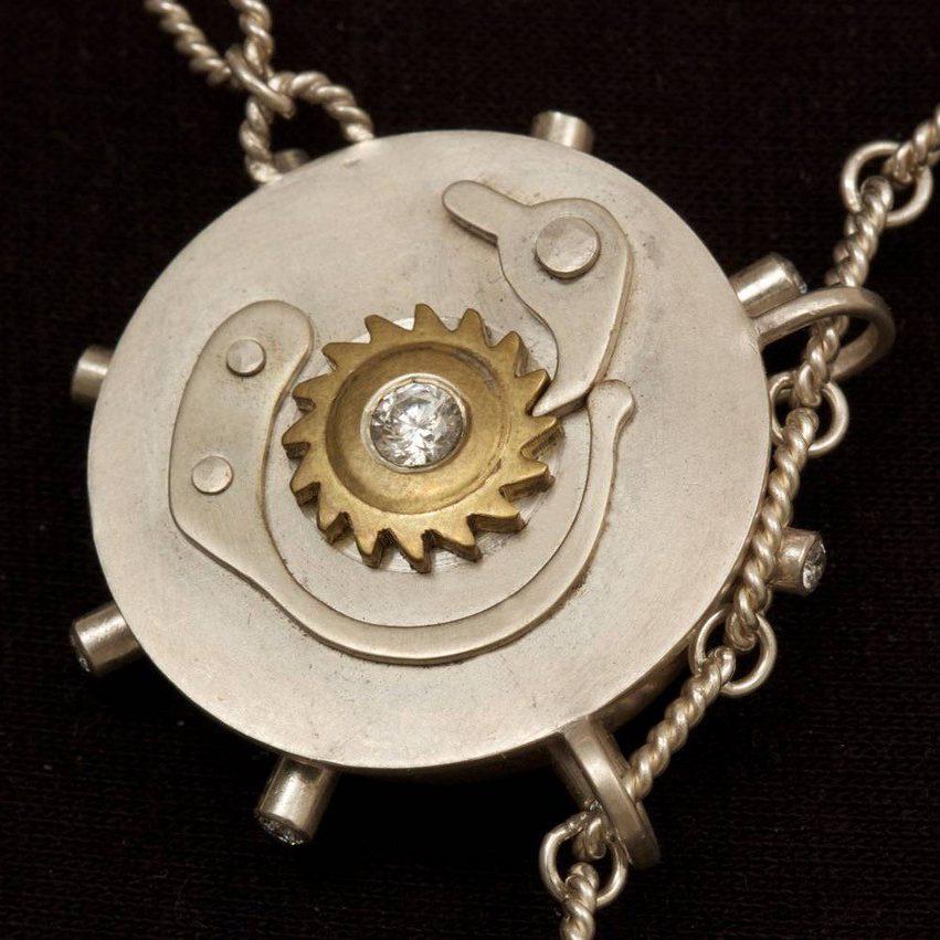 Laura Mullen Vermilye, Ratcheting Necklace, 2010, Sterling silver, brass, cubic zirconia, 1x1.5x0.25